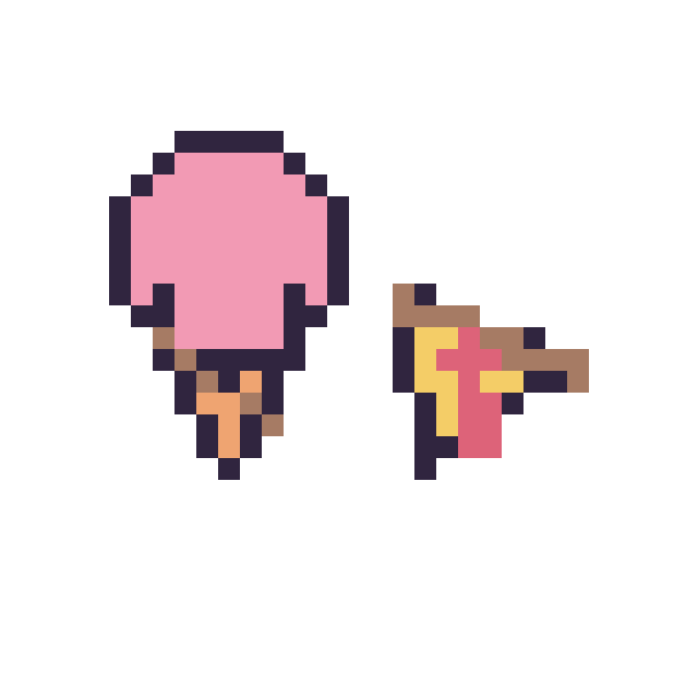 Modèle de pixel art Glace kawaii 16 × 16 et Pizza simple 10 × 10 sur une grille de 32 par 32 cases