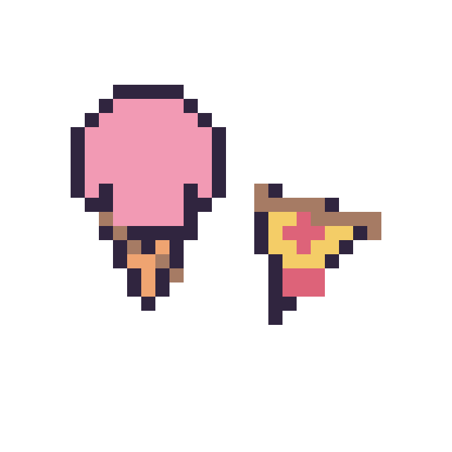 Modèle de pixel art Glace kawaii 16 × 16 et Pizza simple 12 × 12 sur une grille de 32 par 32 cases
