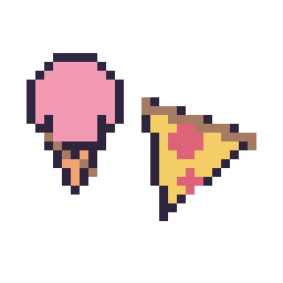 Pixel art Glace kawaii 16 × 16 et Pizza simple 16 × 16, grille 32 × 32