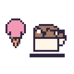 Pixel art Glace kawaii 16 × 16 et Tasse de thé au chocolat, grille 40 × 40