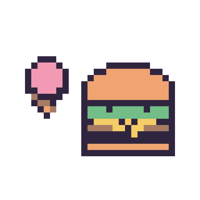 Modèle de pixel art Glace simple 10 × 10 et Burger kawaii 16 × 16 sur une grille de 32 par 32 cases