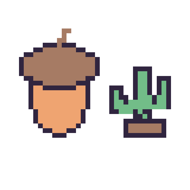 Modèle de pixel art Gland et Cactus kawaii 16 × 16 sur une grille de 40 par 40 cases