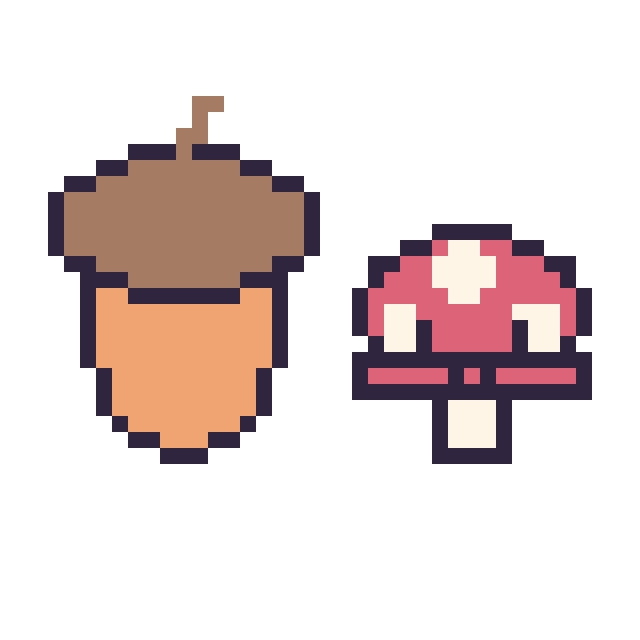 Modèle de pixel art Gland et Champignon kawaii 16 × 16 sur une grille de 40 par 40 cases