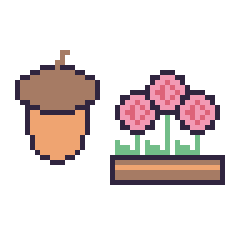 Pixel art Gland et Rose en jardinière, grille 48 × 48