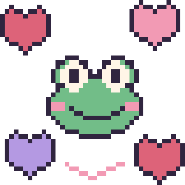 Modèle de pixel art Grenouille avec des cœurs sur une grille de 40 par 40 cases