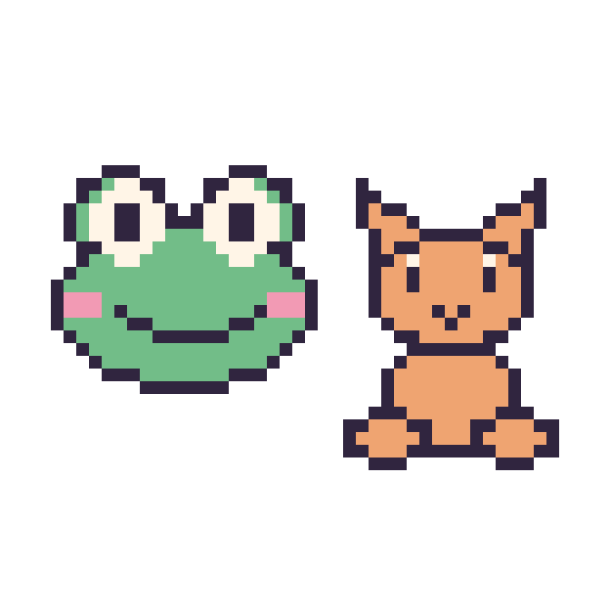 Modèle de pixel art Grenouille et Chat assis sur une grille de 48 par 48 cases