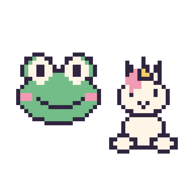 Modèle de pixel art Grenouille et Licorne assis sur une grille de 48 par 48 cases