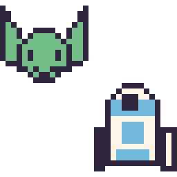 Pixel art Grogu mini et R2-D2 mini, grille 32 × 32