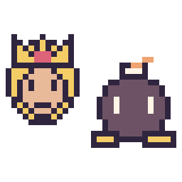 Pixel art Harmonie mini et Bob-omb mini, grille 32 × 32