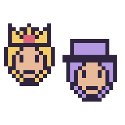 Pixel art Harmonie mini et Waluigi mini, grille 32 × 32