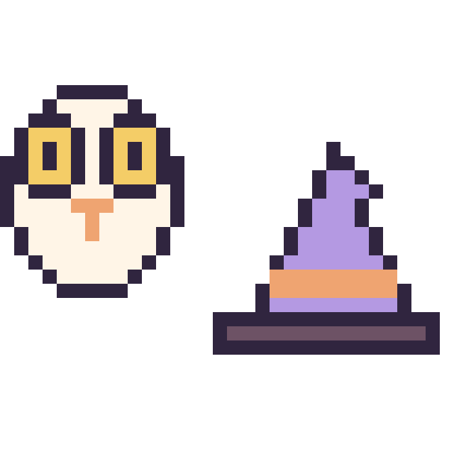 Modèle de pixel art Hedwige mini et Chapeau de sorcière simple 16 × 16 sur une grille de 32 par 32 cases