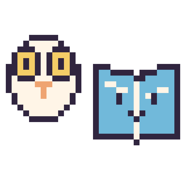 Modèle de pixel art Hedwige mini et Livre kawaii 16 × 16 sur une grille de 32 par 32 cases