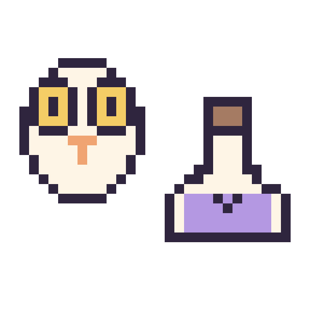 Modèle de pixel art Hedwige mini et Potion kawaii 16 × 16 sur une grille de 32 par 32 cases