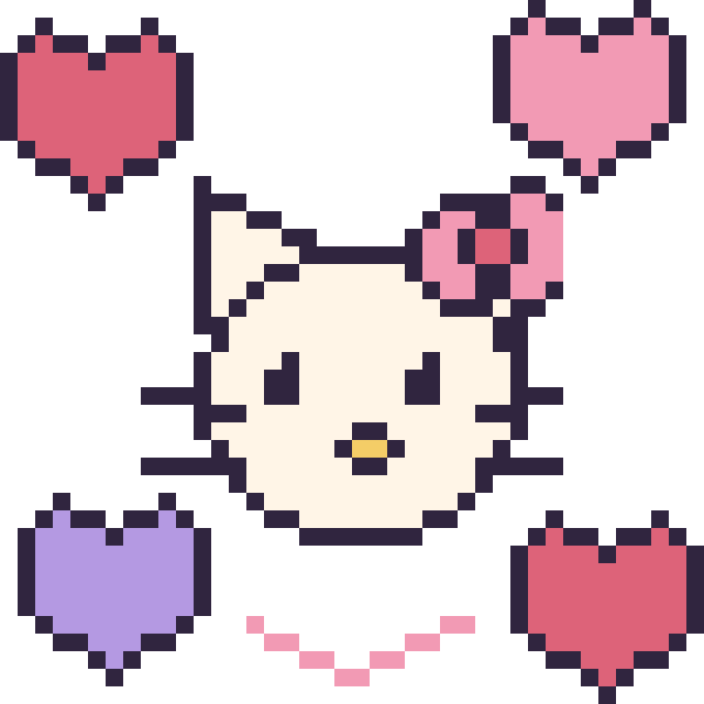Modèle de pixel art Hello Kitty avec des cœurs sur une grille de 40 par 40 cases