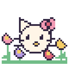 Pixel art Hello Kitty dans le jardin, grille 40 × 40