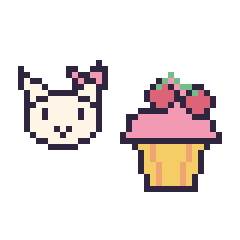 Pixel art Hello Kitty mini et Cupcake avec des cerises, grille 40 × 40