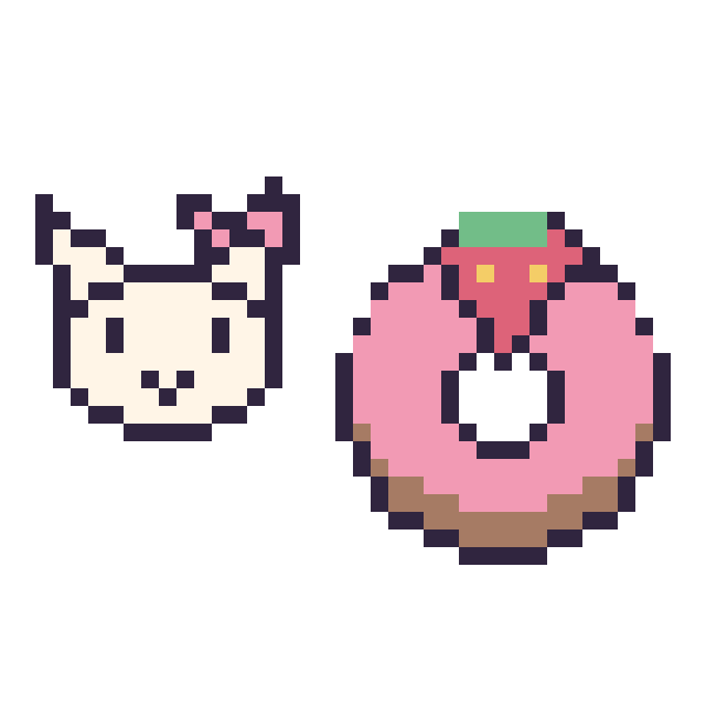 Modèle de pixel art Hello Kitty mini et Donut avec une fraise sur une grille de 40 par 40 cases