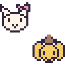 Pixel art Hello Kitty mini et Pompompurin mini, grille 32 × 32
