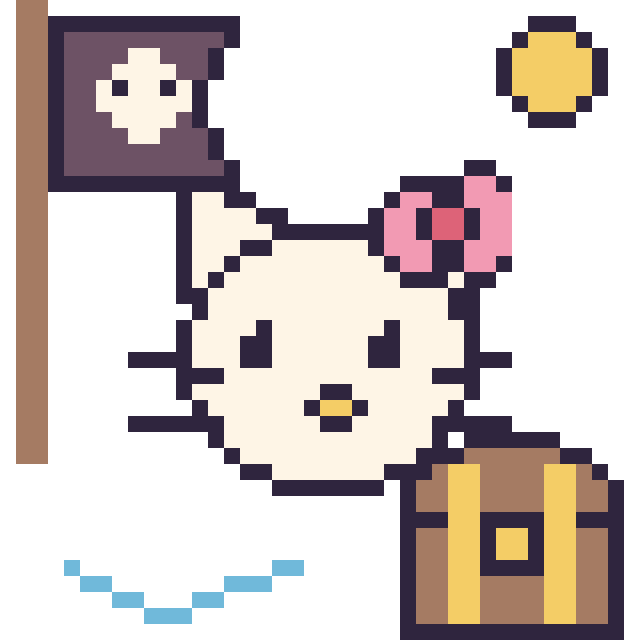 Modèle de pixel art Hello Kitty en aventure pirate sur une grille de 40 par 40 cases