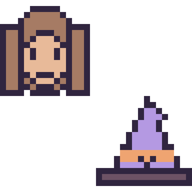 Modèle de pixel art Hermione mini et Chapeau de sorcière kawaii 16 × 16 sur une grille de 32 par 32 cases
