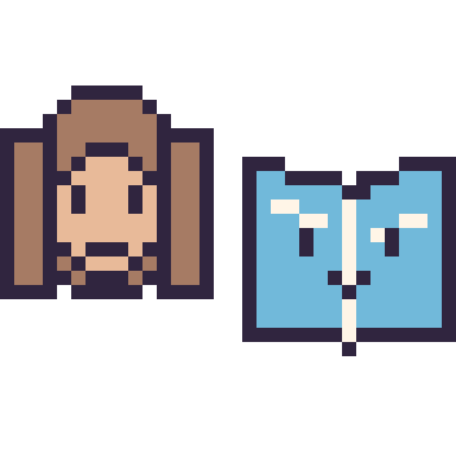 Modèle de pixel art Hermione mini et Livre kawaii 16 × 16 sur une grille de 32 par 32 cases