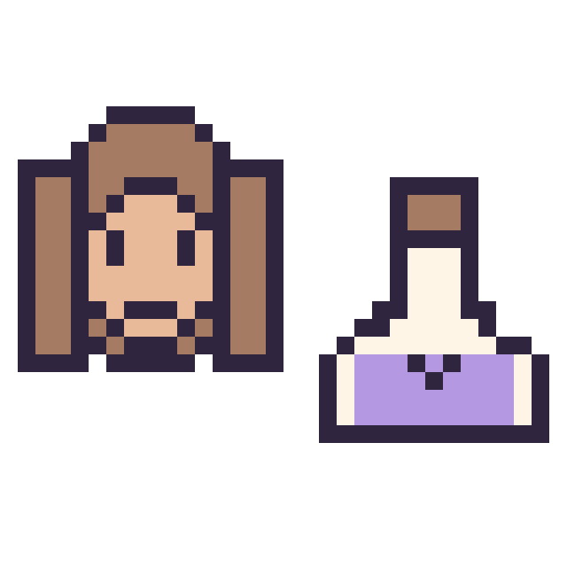 Modèle de pixel art Hermione mini et Potion kawaii 16 × 16 sur une grille de 32 par 32 cases