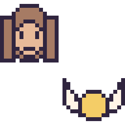Pixel art Hermione mini et Vif d’or mini, grille 32 × 32