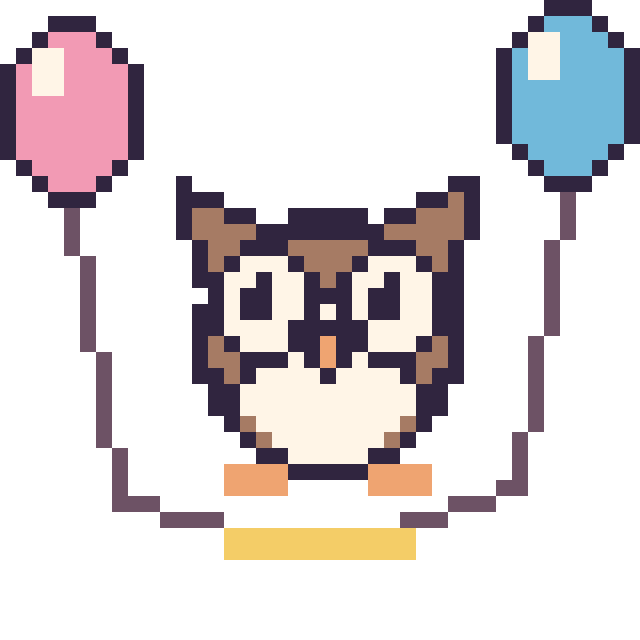 Modèle de pixel art Hibou avec des ballons sur une grille de 40 par 40 cases