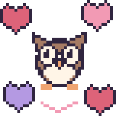 Pixel art Hibou avec des cœurs, grille 40 × 40