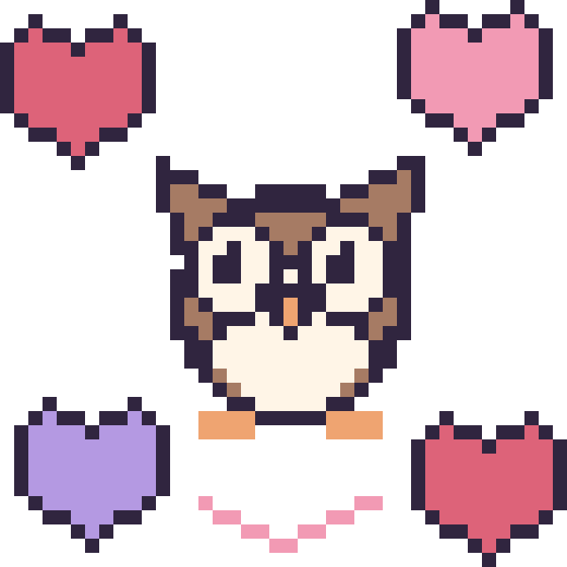 Modèle de pixel art Hibou avec des cœurs sur une grille de 40 par 40 cases
