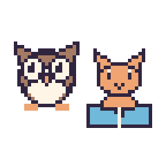 Pixel art Hibou et Chat avec un livre, grille 48 × 48