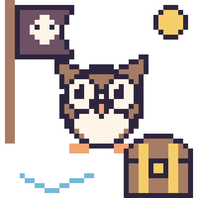 Modèle de pixel art Hibou en aventure pirate sur une grille de 40 par 40 cases