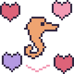 Pixel art Hippocampe avec des cœurs, grille 40 × 40