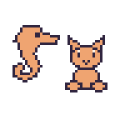 Pixel art Hippocampe et Chat assis, grille 48 × 48