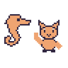 Pixel art Hippocampe et Chat qui fait coucou, grille 48 × 48