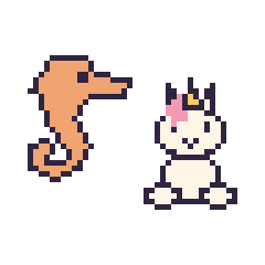 Pixel art Hippocampe et Licorne assis, grille 48 × 48