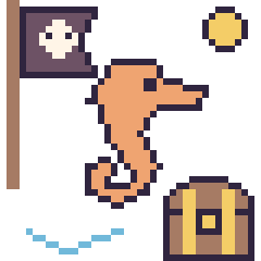 Pixel art Hippocampe en aventure pirate, grille 40 × 40