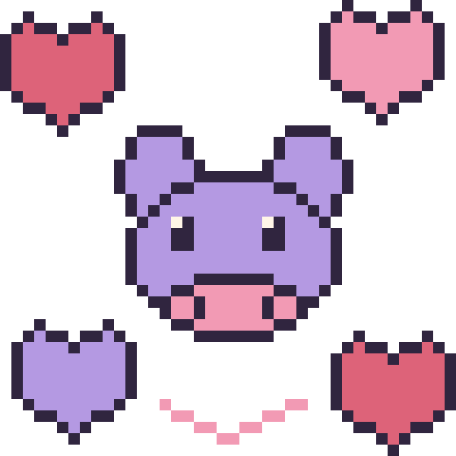 Modèle de pixel art Hippopotame avec des cœurs sur une grille de 40 par 40 cases