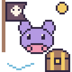 Pixel art Hippopotame en aventure pirate, grille 40 × 40