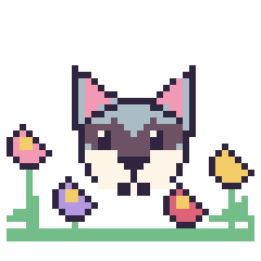 Pixel art Husky dans le jardin, grille 40 × 40