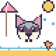 Pixel art Husky à la plage, grille 40 × 40