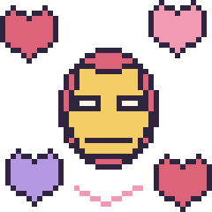 Pixel art Iron Man avec des cœurs, grille 40 × 40