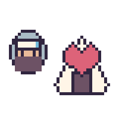 Pixel art Kakashi mini et Onigiri avec un cœur, grille 40 × 40