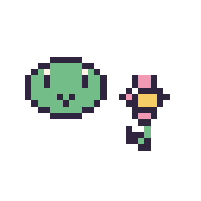 Modèle de pixel art Keroppi mini et Fleur simple 12 × 12 sur une grille de 32 par 32 cases