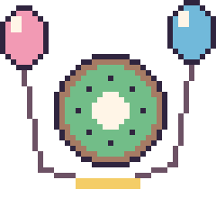 Pixel art Kiwi avec des ballons, grille 40 × 40