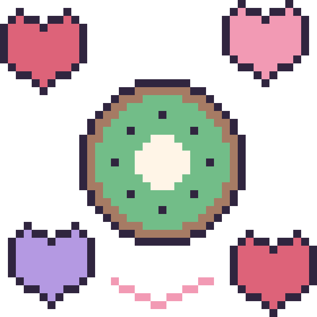 Modèle de pixel art Kiwi avec des cœurs sur une grille de 40 par 40 cases
