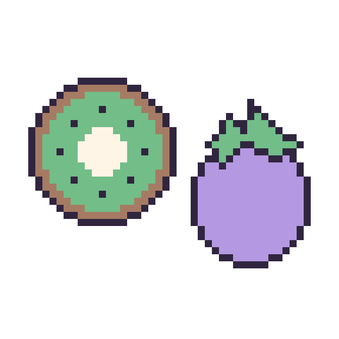 Modèle de pixel art Kiwi et Aubergine sur une grille de 48 par 48 cases