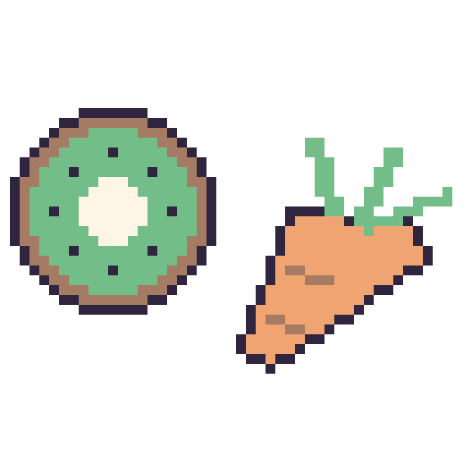 Modèle de pixel art Kiwi et Carotte sur une grille de 48 par 48 cases