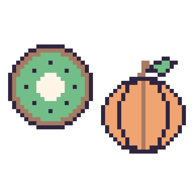 Modèle de pixel art Kiwi et Citrouille sur une grille de 48 par 48 cases