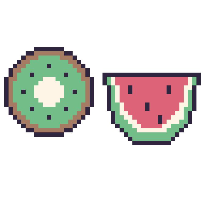 Modèle de pixel art Kiwi et Pastèque sur une grille de 48 par 48 cases